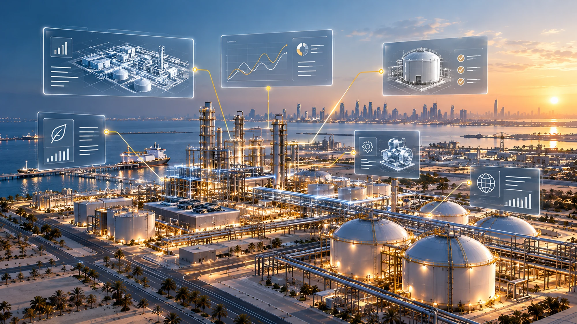 Concept illustration of a Gulf coastal industrial energy hub with multiple interconnected facilities.